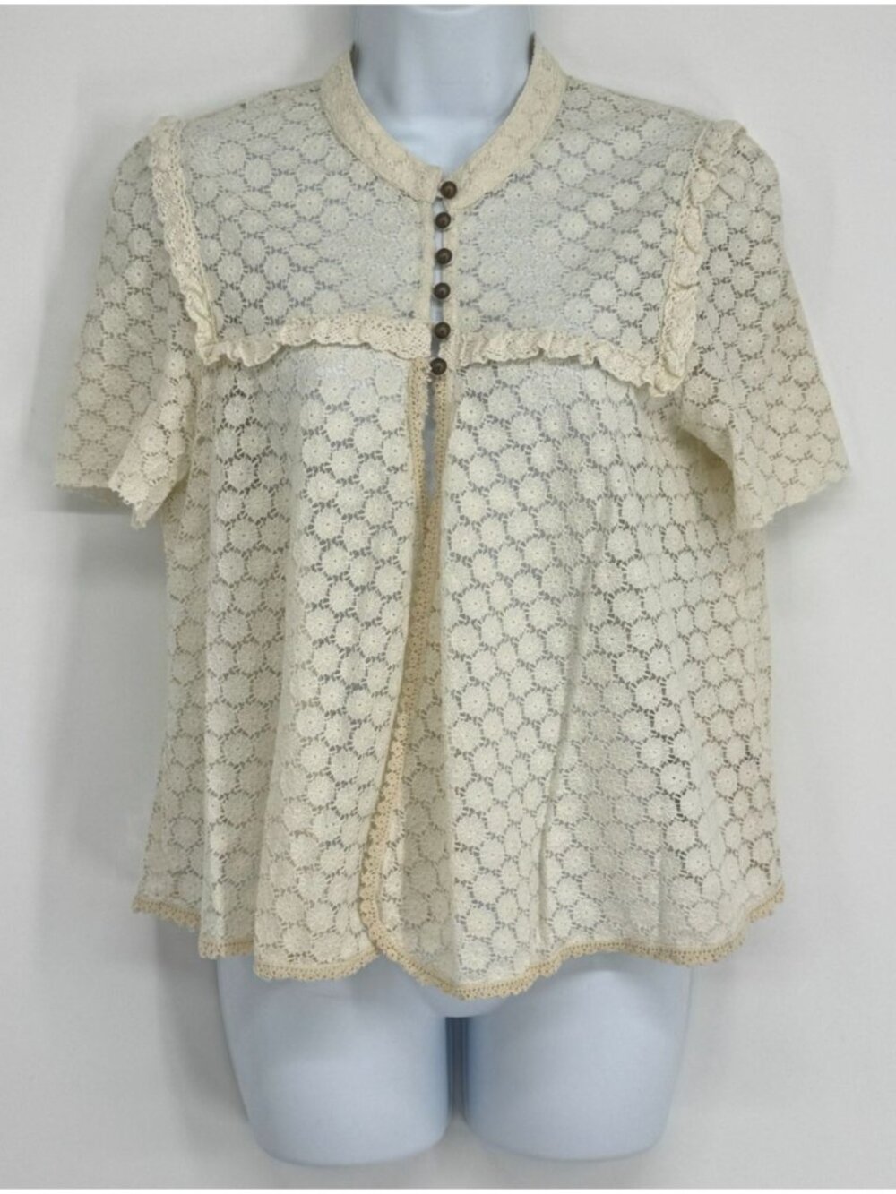 Free People M Blouse Ivory Victorian Ruffle Lace Floral Jacket Cottage Boho